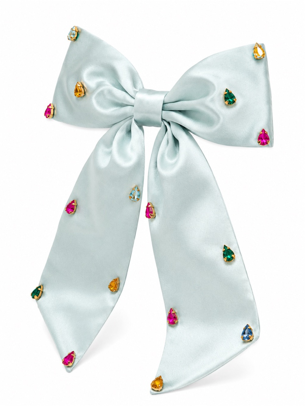 Light Green Satin Bow Hair Clip with Multicolor Gemstones